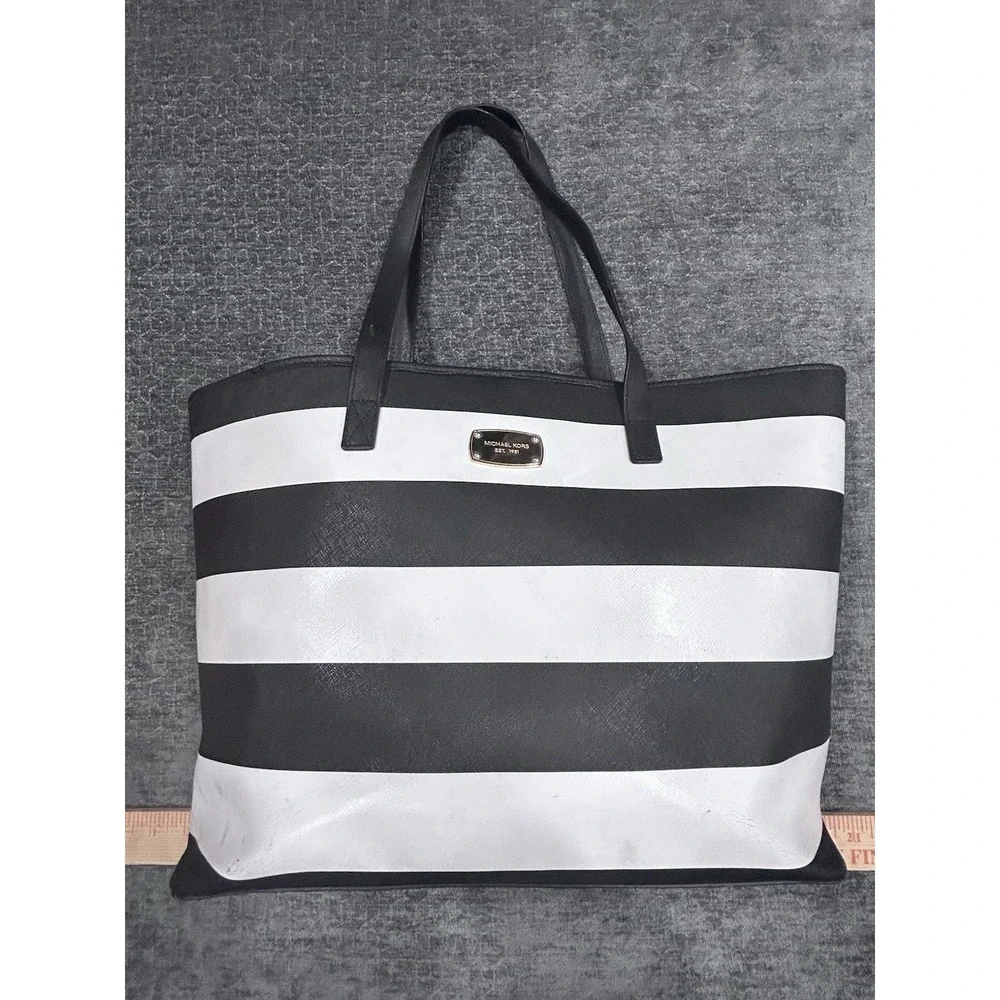 Michael Kors Black White Striped Large Tote Bag Shopper Shoulder Purse